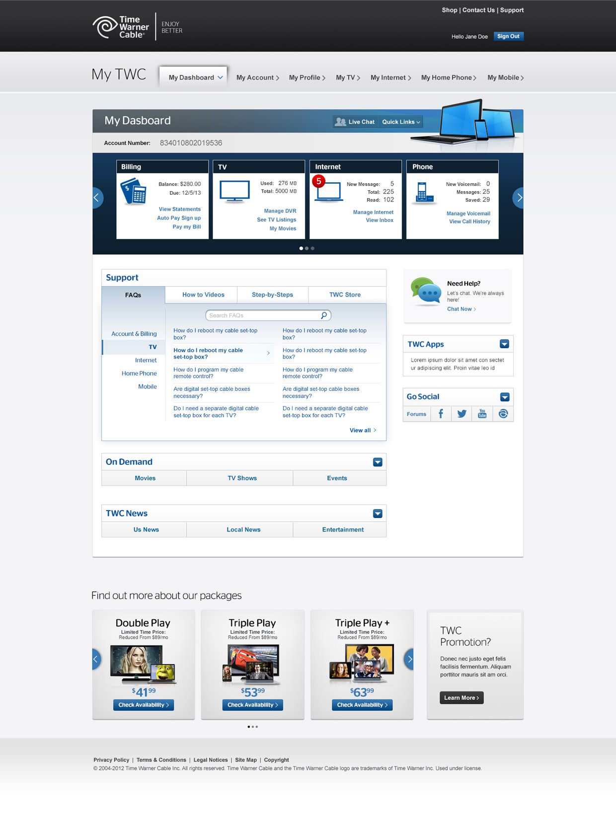 Time Warner MyServices Dashboard